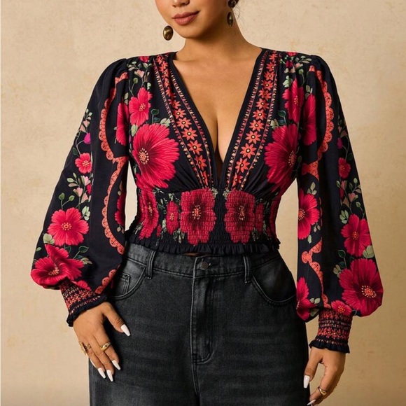 Plus Size Romantic Bohemian Floral Print Long Sleeve Tie Front Blouse Shirt - Picture 3 of 14